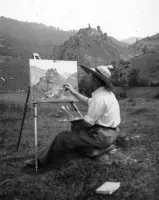 Maliar pri maľovaní zrúcaniny hradu, Podhradie (1943)