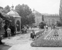 Park pred Napoleonskými kúpeľmi, v pozadí hotel Thermia Palace, Piešťany (1958)