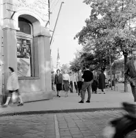 Masarykova ulica, v diaľke kalvínsky kostol, Lučenec (1960)
