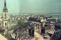 Pohľad z hradu na Rybné námestie, synagógu a Dóm sv. Martina, Bratislava (1956)
