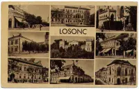 Zostava deviatich záberov ulíc, kostolov a verejných budov, Lučenec (1940)