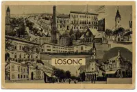 Koláž záberov s pamätníkom, kostolmi a ulicami, Lučenec (1940)