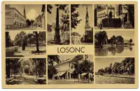 Deväť záberov: ulice, pamätník, park a kúpalisko, Lučenec (1940)