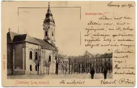 Kubinyiho námestie s kostolom a veľkou budovou, Lučenec (1903)
