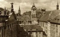 Pohľad na strechy a veže starého mesta s hradom v pozadí, Bratislava (1930-1949)