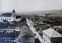 Rákócziho ulica, piaristický kostol a gymnázium, Prievidza (1906)