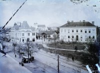 Námestie legionárov, pošta, seminár a františkánsky kostol, Prešov (1912)