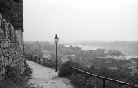 Pohľad z hradu na Rybné námestie a železničný most, Bratislava (1959)