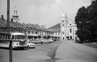 Námestie baníkov, veža katedrály a františkánsky kostol, Rožňava (1972)